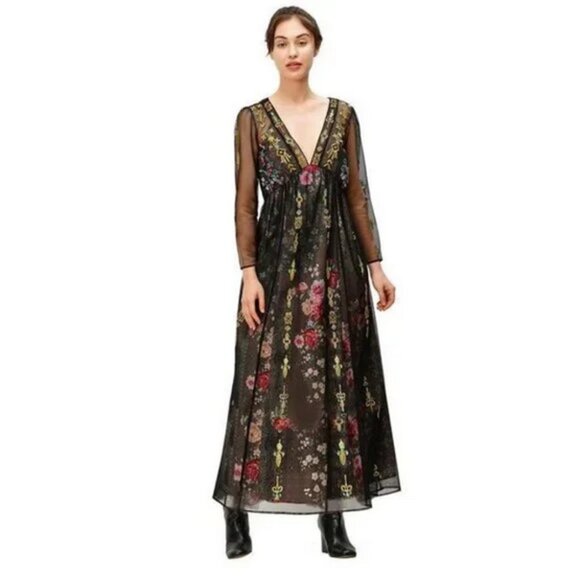 eshakti Dresses & Skirts - eshakti Black Floral Sheer V-Neck Maxi Dress